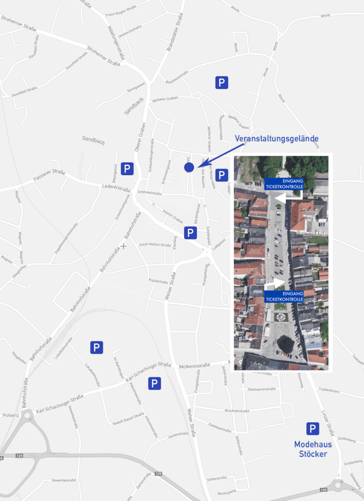 Orientierungsplan Sommer Openair Eferding: Stadtplatz, Parkflächen und bisherige Eingänge